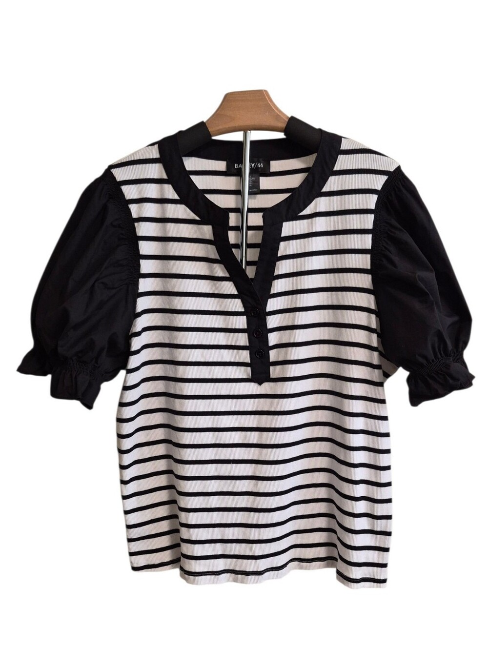Bailey 44 Black & White Striped Puff-Sleeve Henley Top - Size XL
